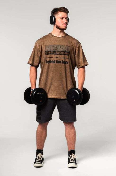 Pánske tričko Nebbia  Washed-off Oversized T-shirt HERITAGE Light Brown